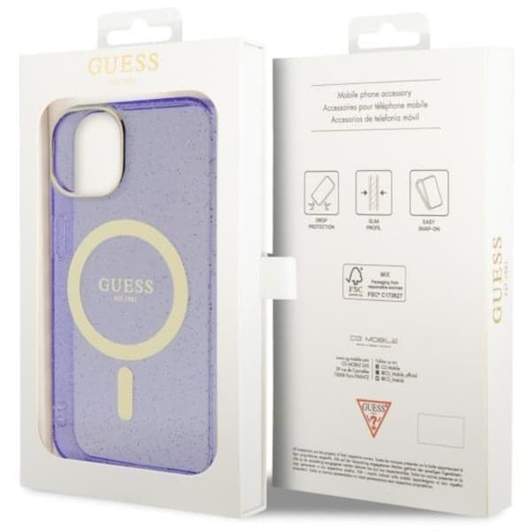 Guess Mobilskal till iPhone 14 MagSafe Glitter Guld - Lila Lila