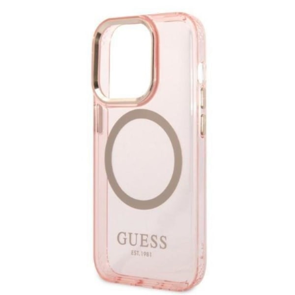 GUESS iPhone 14 Pro Skal MagSafe Gold Outline Translucent - Rosa