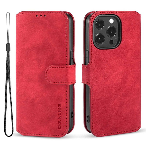 DG.MING iPhone 14 Pro Max Konstläder Plånboksfodral Retro Röd med Ställning