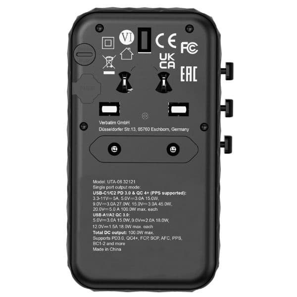 Verbatim Rejseoplader GaN 100W PD 2xUSB-C 2xUSB-A EU/UK/USA - Sort Svart