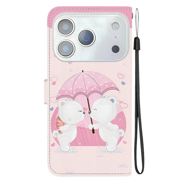 iPhone 17 Pro Plånboksfodral Med Lanyard - Cartoon Couple Bear Rosa
