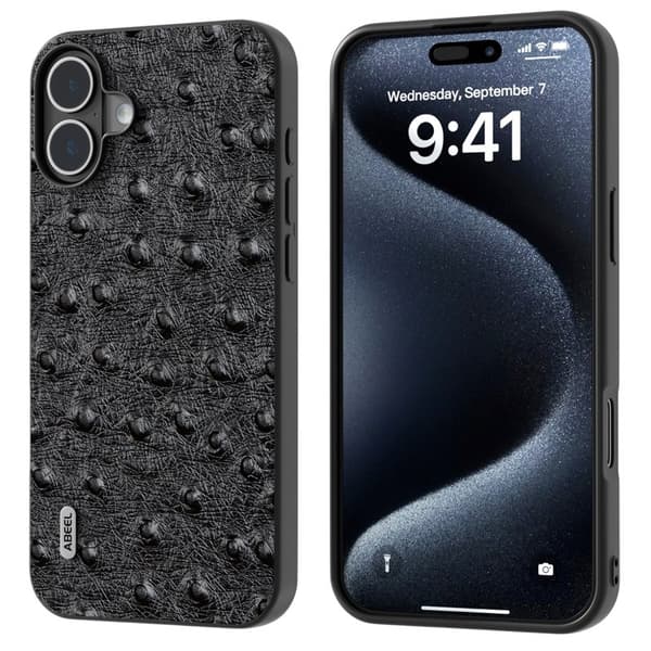 ABEEL Mobilskal till iPhone 16 Äkta Läder + PC + TPU Ostrich Textur Svart