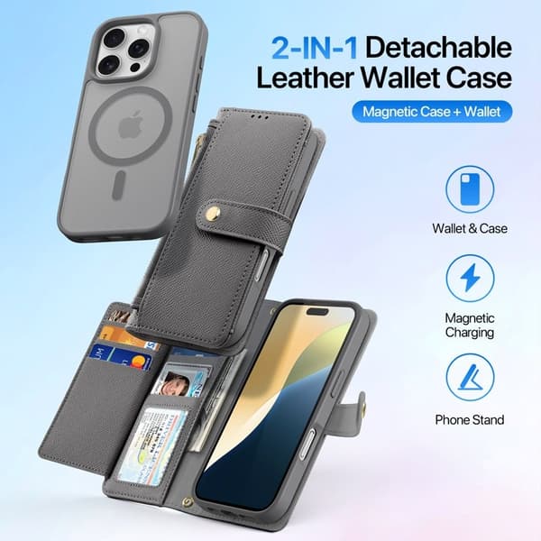 DUX DUCIS Lawa Series iPhone 16 Pro Plånboksfodral - Äkta läder - Grå