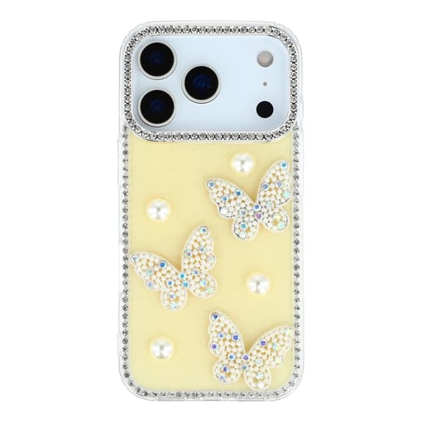 Mobilskal till iPhone 17 Pro Max Rhinestone Edge Pearl Butterfly Gul