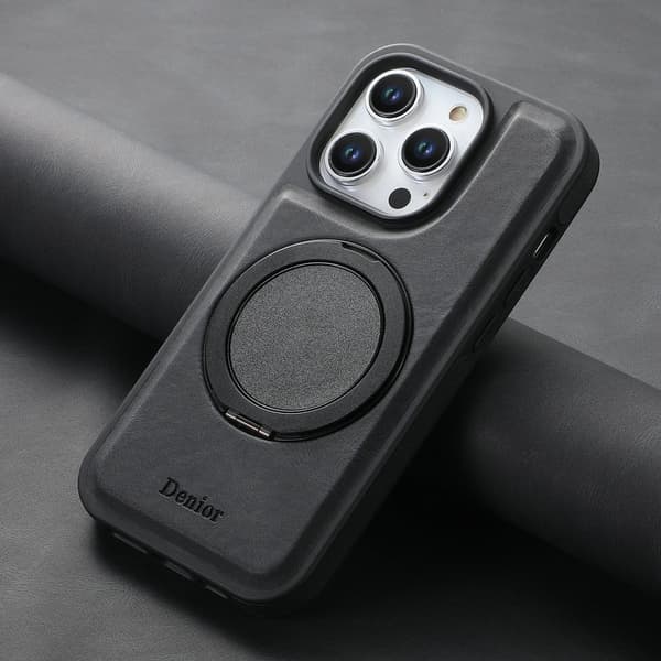 DENIOR Mobilskal till iPhone 15 Pro Magnetiskt Ställ Läder PC TPU - Svart