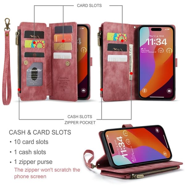 CASEME Konstläder Plånboksfodral för iPhone 16 Pro Max med Rem - Röd