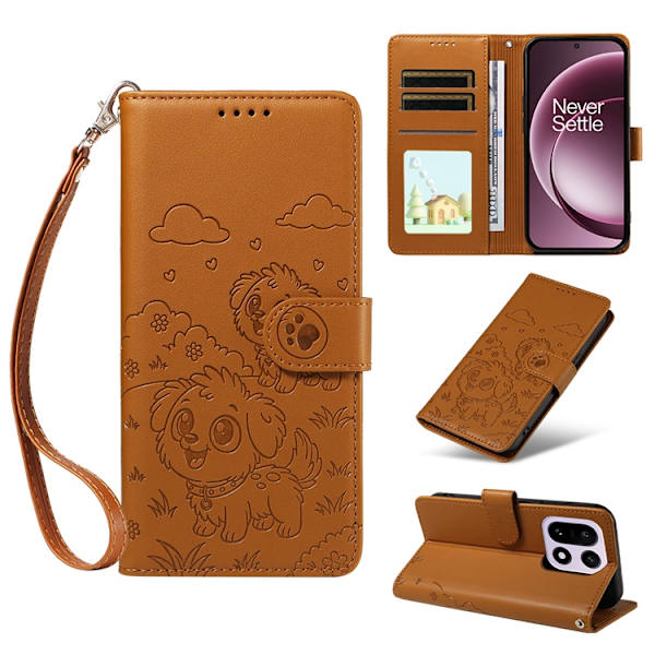 OnePlus 15 Konstläder Plånboksfodral RFID-Skydd Imprinted Dog Pattern Brun
