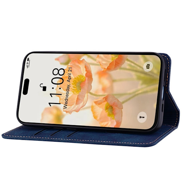 iPhone 17 Pro Konstläder Plånboksfodral med Rem Lines Pattern - Blå Blå