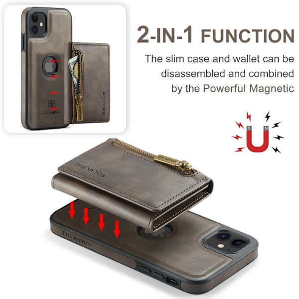 DG.MING iPhone 11 Konstläder Plånboksfodral med kortfickor - Brun