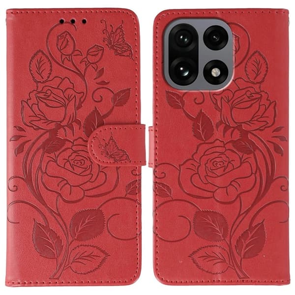 OnePlus 15 5G Konstläder Plånboksfodral Imprinted Rosa Butterfly Röd