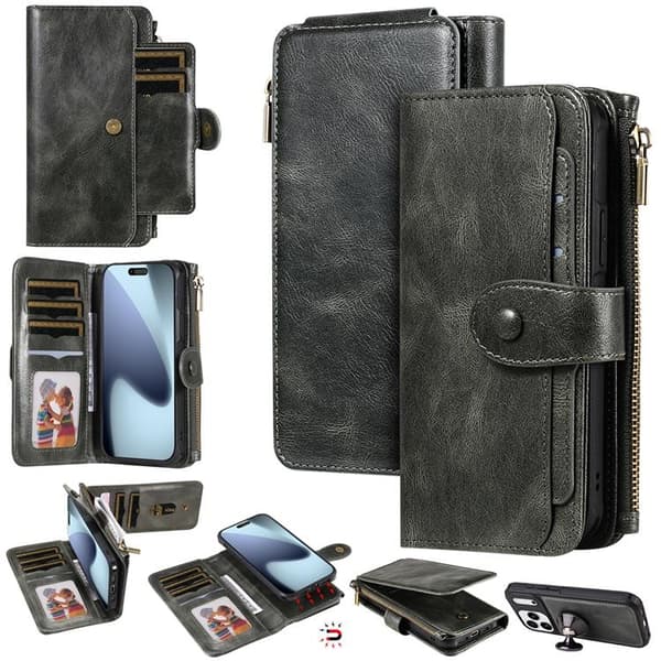 iPhone 17 Pro Konstläder Plånboksfodral Detachable Zipper - Grön Grön