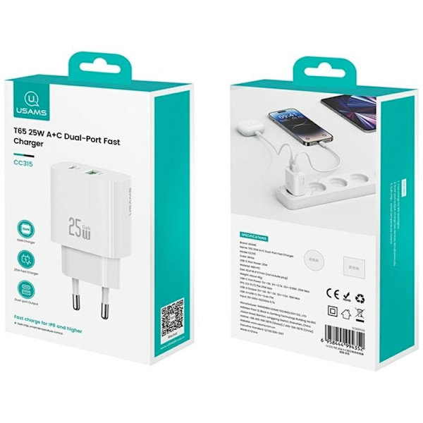 USAMS Snabbladdare 25W 1xUSB-C 1xUSB-A CC315 - Vit Vit