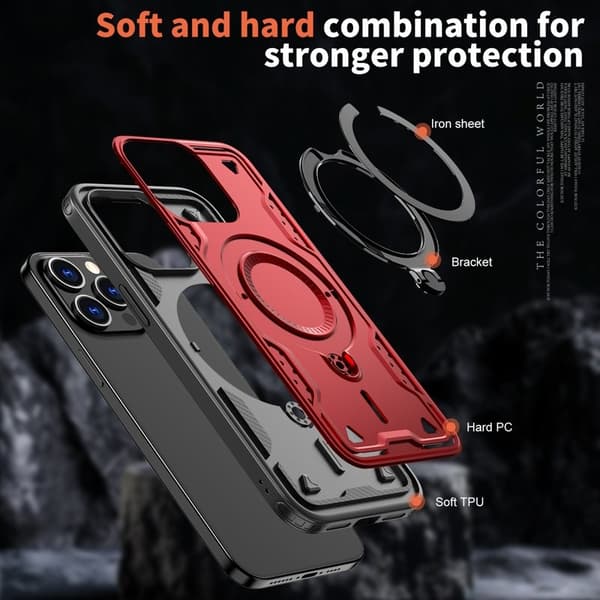 iPhone 15 Pro Max Skal Plast Militärt Skydd Kickstand - Röd