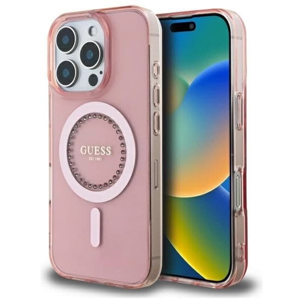 Guess telefontaske til iPhone 16 Pro MagSafe IML Rhinestone - Lyserød Rosa