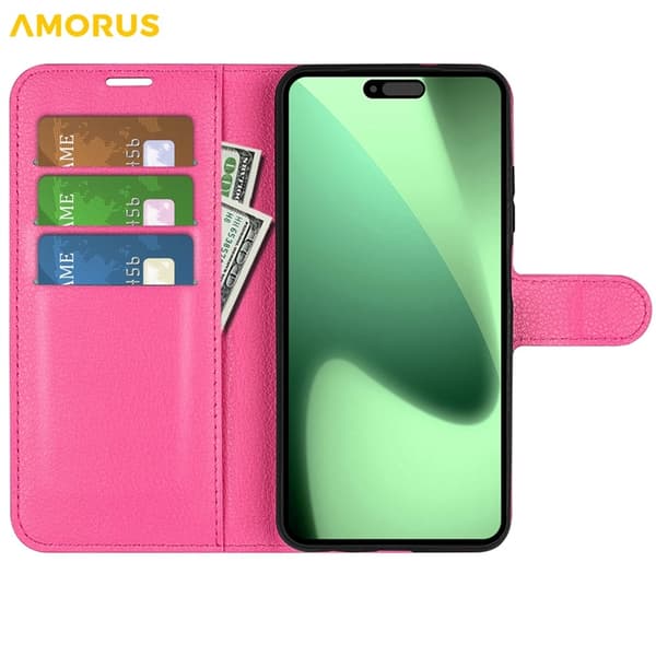 AMORUS iPhone 17 Pro Konstläder Plånboksfodral Flipstativ Litchi - Rosa Rosa