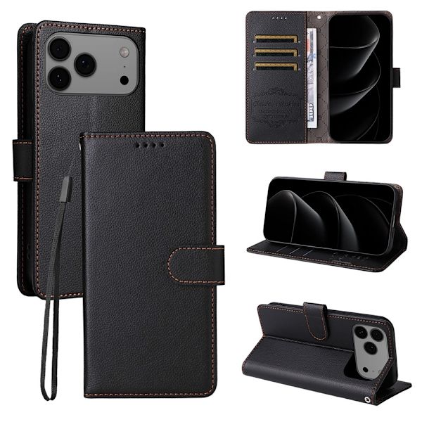iPhone 17 Pro Max Plånboksfodral RFID Blocking med Handledsrem Svart