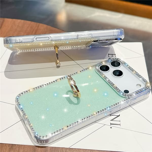 Mobilskal till iPhone 17 Pro Max Rhinestone Edge Ring Kickstand Rosa