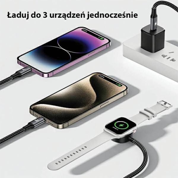 Awei 3in1 USB-C til Apple Watch Oplader USB-C Lightning-kabel - Sort Black