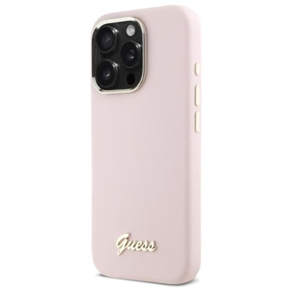 Guess Telefontaske til iPhone 16 Pro Silicone Script Metal Logo - Lyserød Rosa