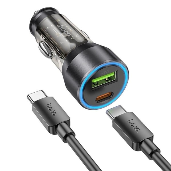 Hoco Biloplader USB-C/USB-A Med Kabel - Sort/Transparent