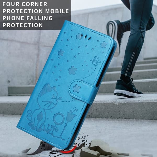 Samsung Galaxy S26 / S26 Pro Plånboksfodral Konstläder Cat Bee Mönster - Blå