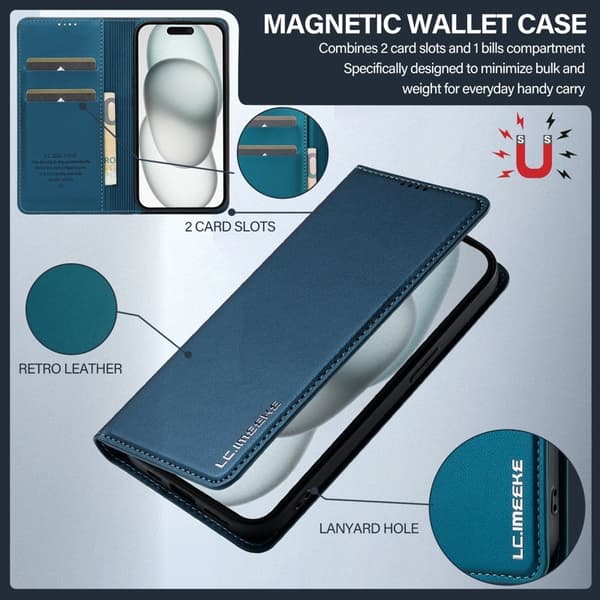 LC.IMEEKE L1 Series iPhone 15 Plånboksfodral Konstläder - Blå