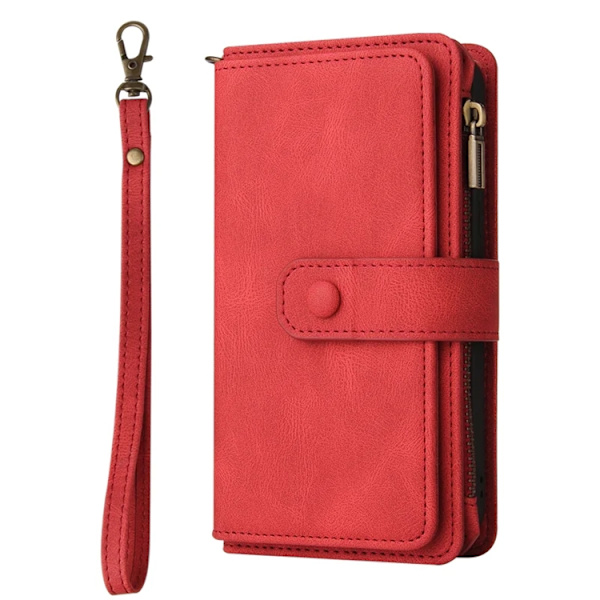 iPhone 17 Pro Konstläder Plånboksfodral Zipper Rem Röd