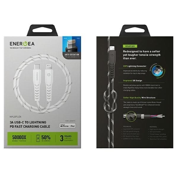 Energea USB-C til Lightning Kabel 1.5m MFI Nyloflex C94 - Hvid Vit