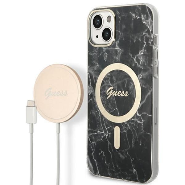GUESS iPhone 14 Plus Magsafe Skal Marble + Trådløs Oplader - Sort Black