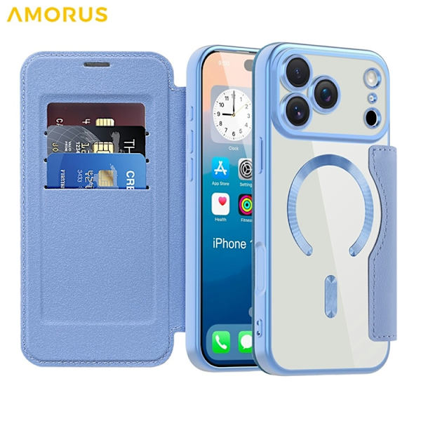 AMORUS iPhone 17 Pro Plånboksfodral MagSafe RFID-Skydd - Blå Blå