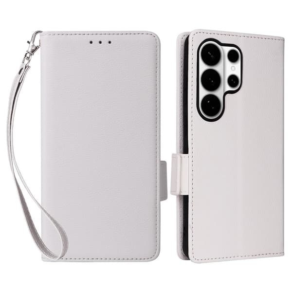 Galaxy S26 Ultra Plånboksfodral Litchi Konstläder med Rem - Vit Vit