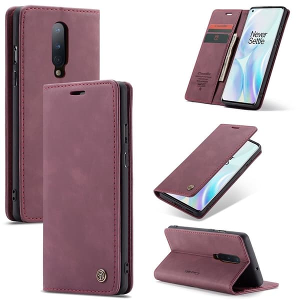 CASEME 013 Series Konstläderplånboksfodral för OnePlus 8 - Vinröd
