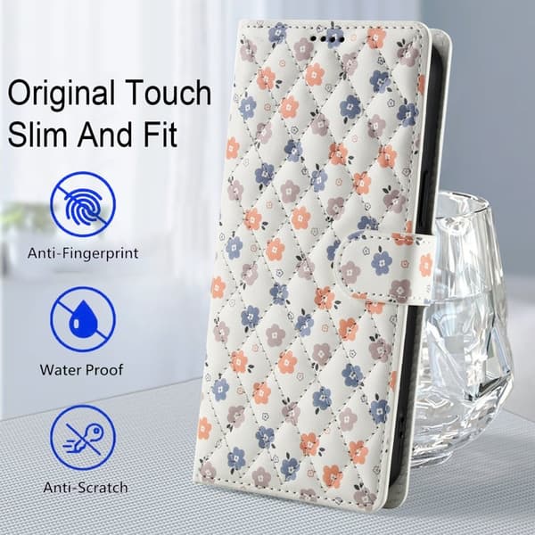 Samsung Galaxy S26 Plus Plånboksfodral Rhombic Blommönster Konstläder - Vit