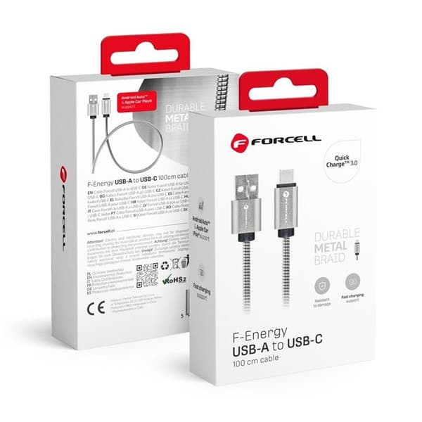Forcell USB-C til USB-A Kabel C234 1m - Sølv Silver