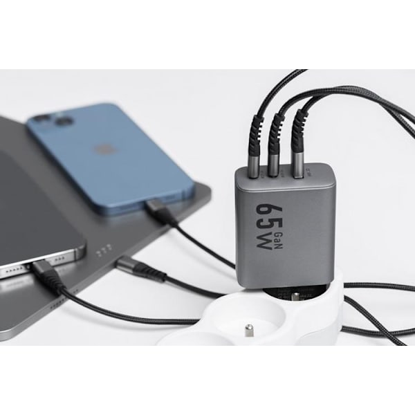 Forcell F-Energy GaN Vægoplader 65W 2xUSB-C 1xUSB-A VT-42B - Grå Grå