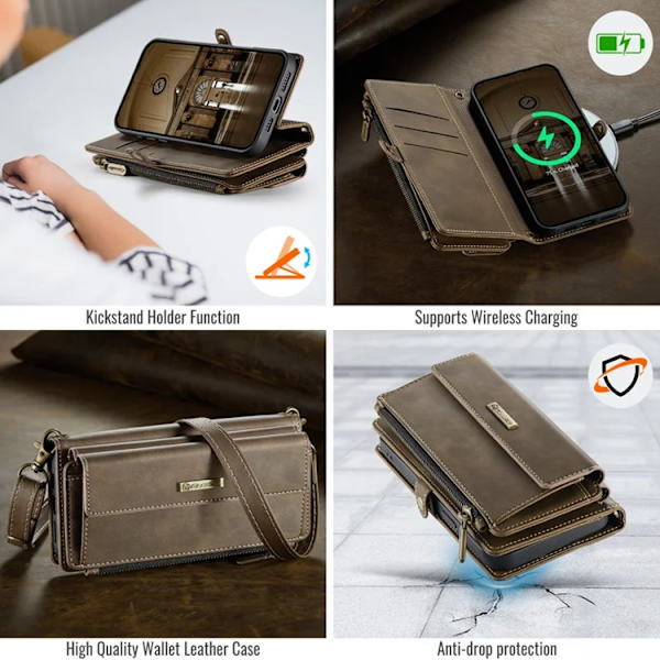 Caseme iPhone 15 Plus Konstläder Plånboksfodral RFID-Skydd Zipper - Brun Brun