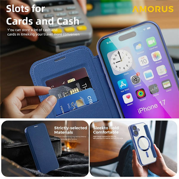 AMORUS iPhone 17 Plånboksfodral MagSafe RFID-Skydd - Blå Blå