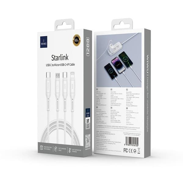 WIWU 3in1 USB-C til USB-C Lightning mikro-USB-kabel 60W 1m Starlink - hvid Vit