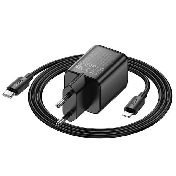 Hoco Hurtigoplader PD 20W USB-A USB-C QC3.0 3A med Lightning-kabel N52 - Sort Svart