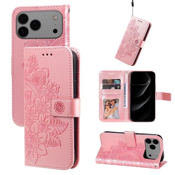 iPhone 17 Pro Max Konstläder Plånboksfodral Floral Pattern - Rosa Rosa