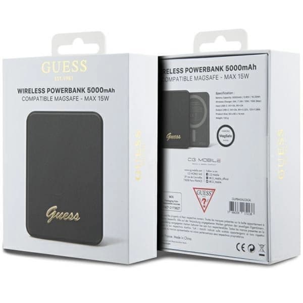 Guess Magsafe Powerbank 5000mAh 15W Metal Script Logo - Sort Black