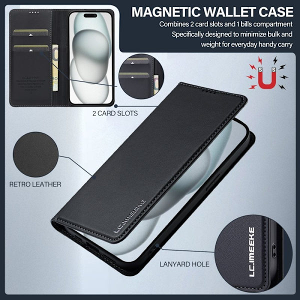 LC.IMEEKE L1 Series iPhone 14 Plus Plånboksfodral Konstläder - Svart