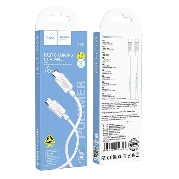 HOCO USB-C Till USB-C 60W 1m Kabel 3A X107 - Vit Vit
