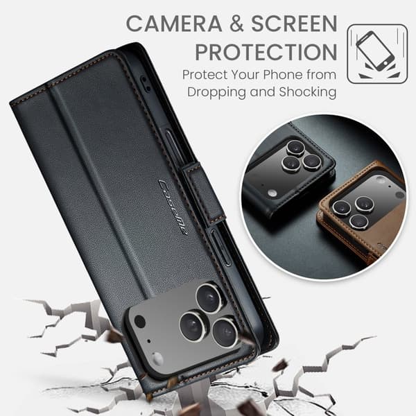 CASEME 023 iPhone 17 Pro Max Plånboksfodral RFID-Skydd Konstläder Svart