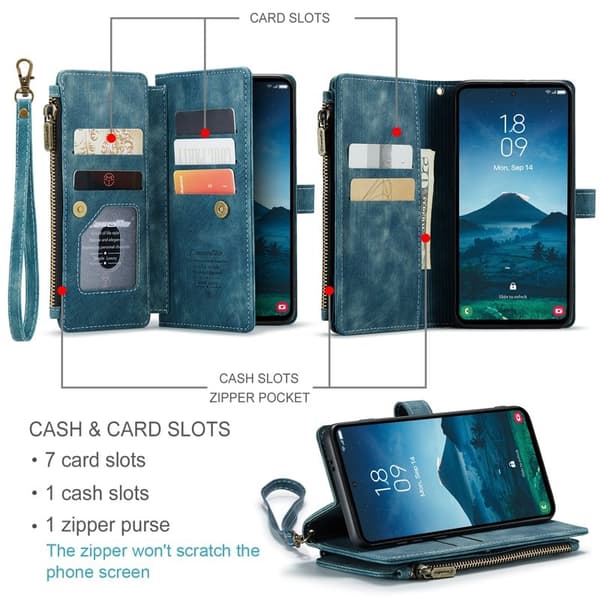 CASEME Konstläder Plånboksfodral för Samsung Galaxy S25+ med rem - Blå