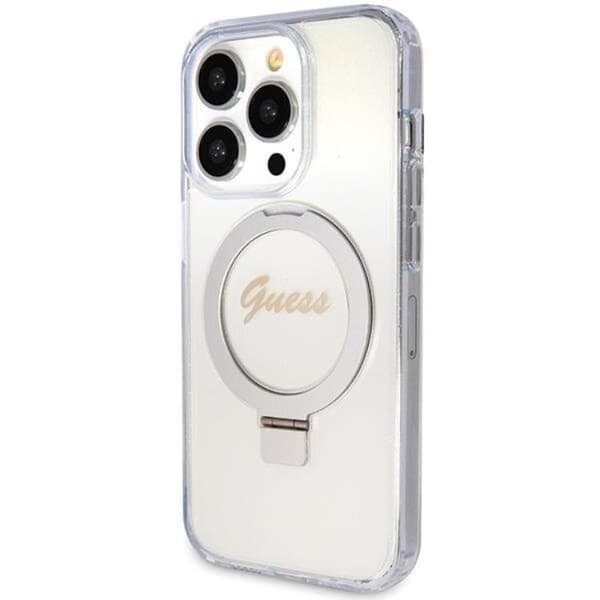 Guess telefontaske til iPhone 15 Pro Magsafe Ringstativ Script Glitter Transparent