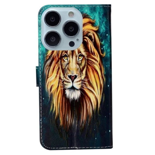 iPhone 14 Pro Max -lompakkokotelo kohokuvioituna - leijona