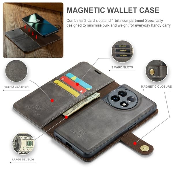 DG.MING OnePlus 11 5G Äkta Läder Plånboksfodral Detachable Magnetisk Grå