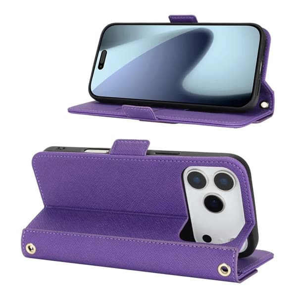 iPhone 17 Pro Konstläder Plånboksfodral Cross Texture med Axelrem - Lila Lila
