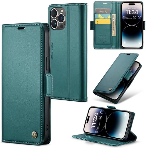 CASEME Plånboksfodral Konstläder iPhone 15 Pro Max RFID-Skydd Grön